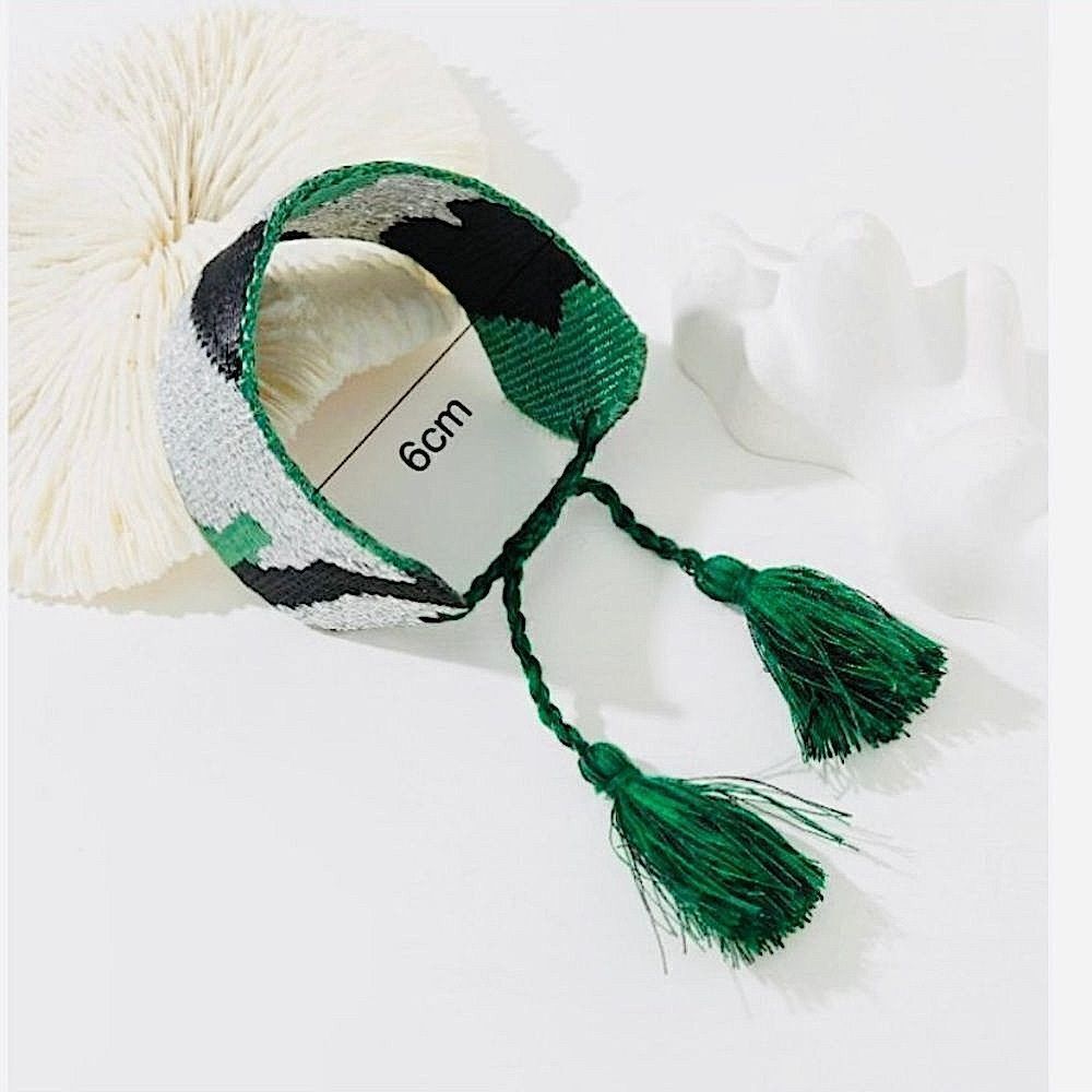 Unique Artisan Woven Bracelet Emerald Green Silver Tribal Geometric Boho Chic - Picture 3 of 7